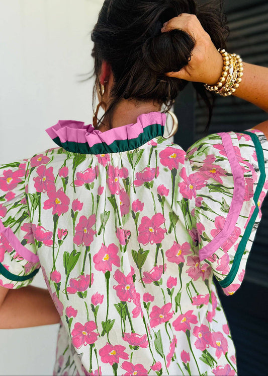 🌸 Garden Stripe: Ruffle Sleeve Floral Blouse