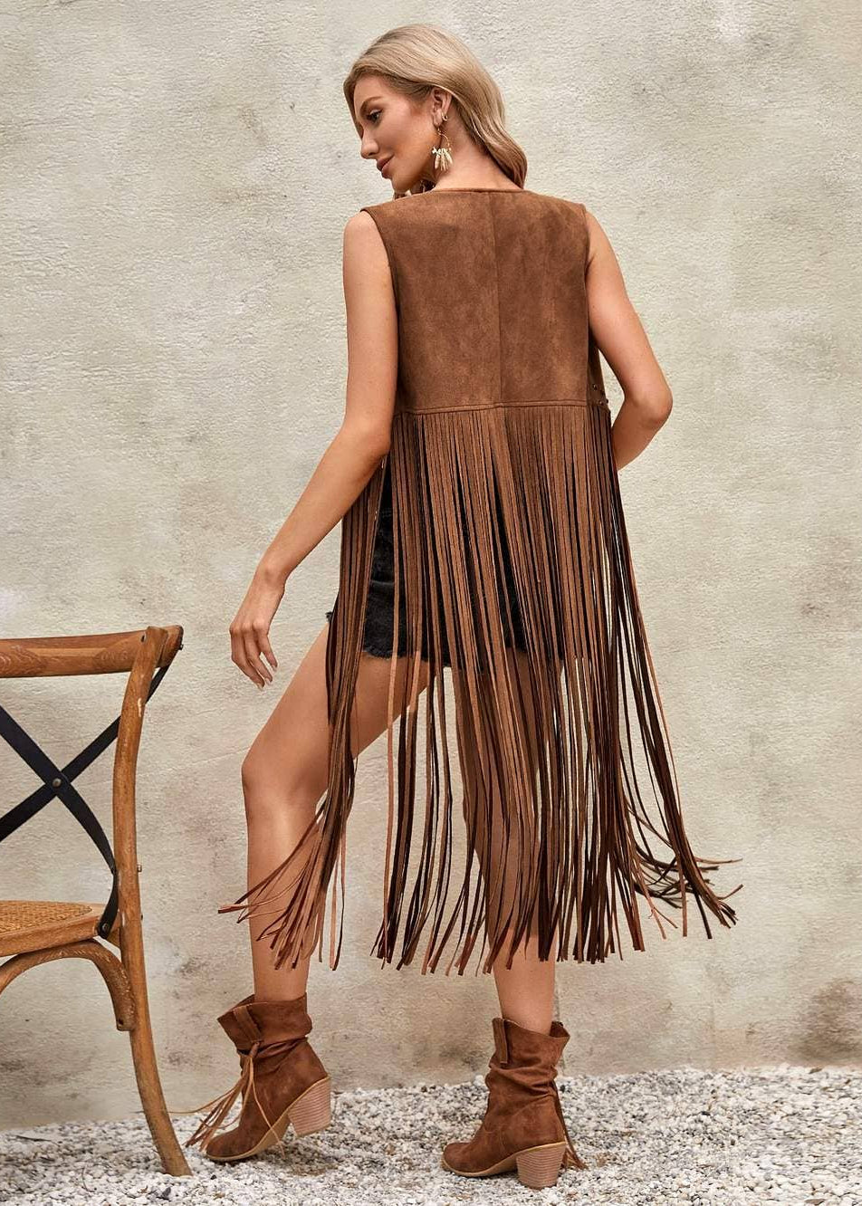 Studded Fringe Hem Vest Coat