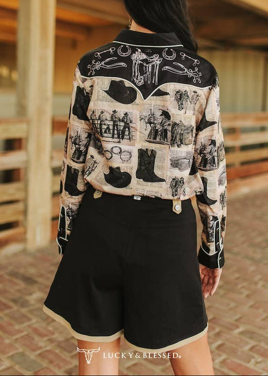 Black High-Waisted Western Shorts