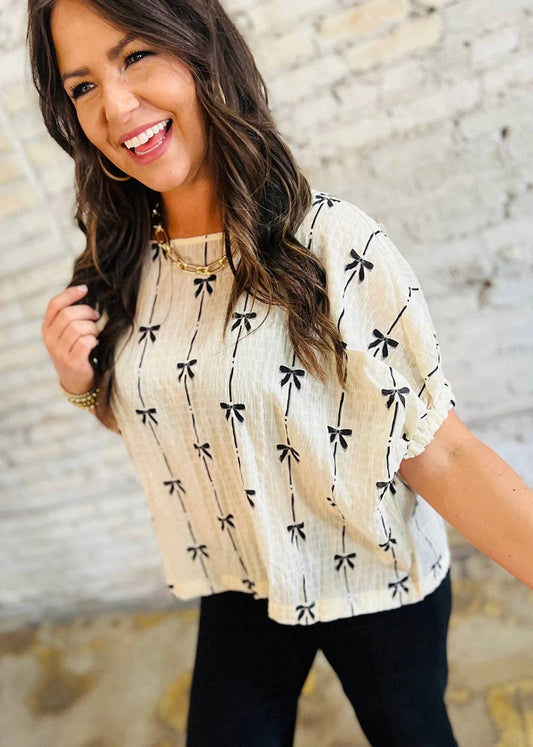 🎀 Charmline: Puff Sleeve Bow Blouse