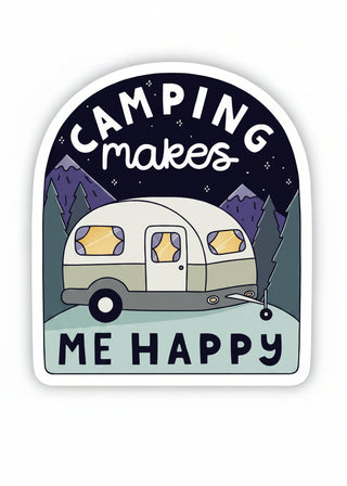 Sticker with a camper and 'Camping makes me happy' text on a dark background