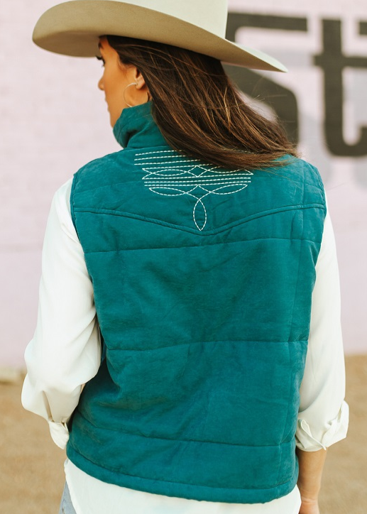 Puffer Vest with Aztec Lining and Boot Stitch Detail