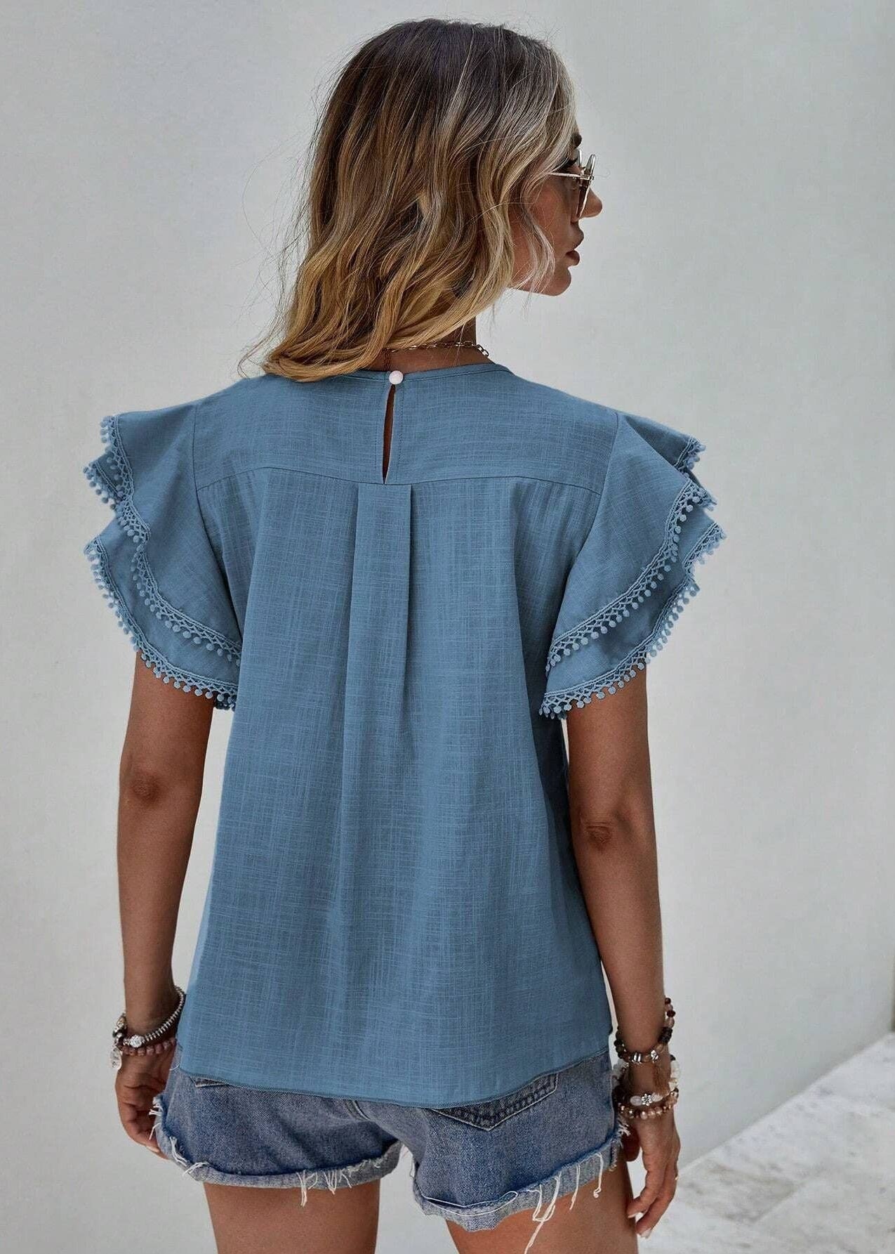 🌊 Sweet Drift: Pom-Pom Ruffle Blouse