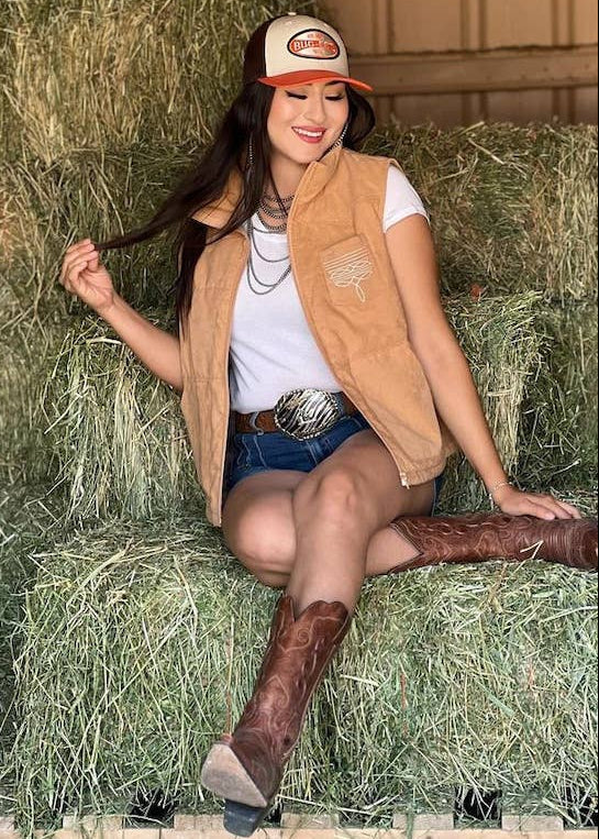 Puffer Vest with Aztec Lining and Boot Stitch Detail