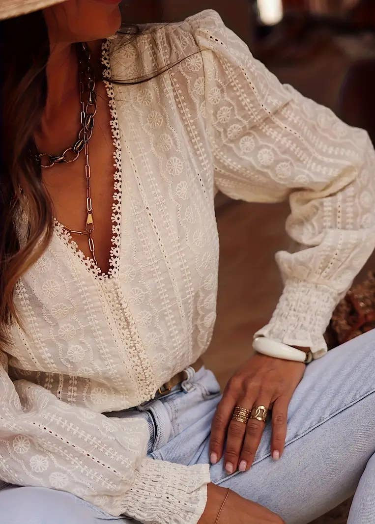 🌼 French Chill: Ecru Floral Embroidered V-Neck Blouse (Available Feb. 6)