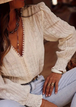 🌼 French Chill: Ecru Floral Embroidered V-Neck Blouse