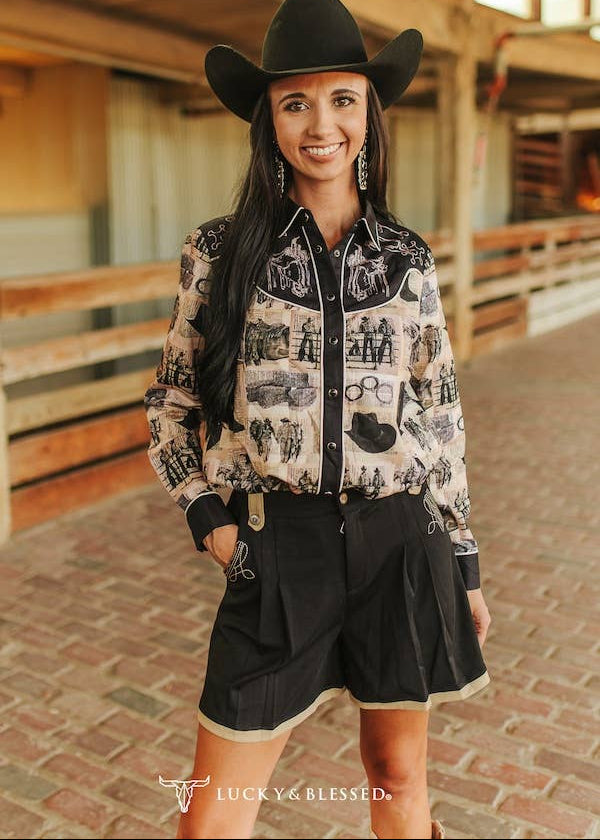 Black High-Waisted Western Shorts