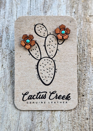 Pair of leather earrings shaped like cacti on a 'Cactus Creek' branded card.