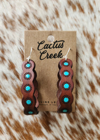 Wooden earrings with turquoise stones on a 'Cactus Creek' branded card, against a fur background.