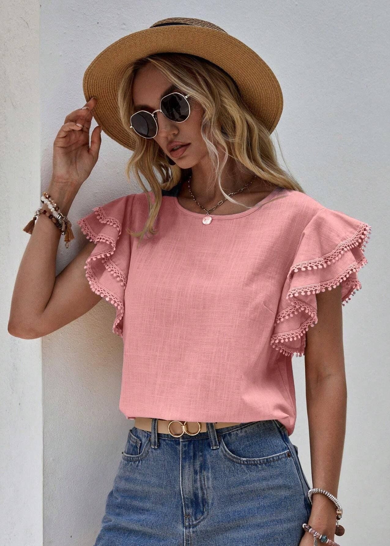 🌊 Sweet Drift: Pom-Pom Ruffle Blouse