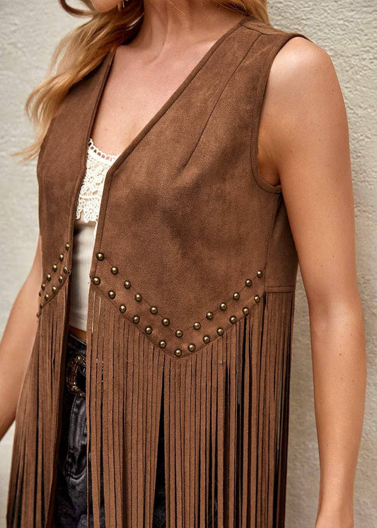 Studded Fringe Hem Vest Coat
