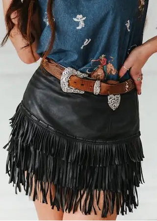 Black Stitched Tier Fringe Skirt