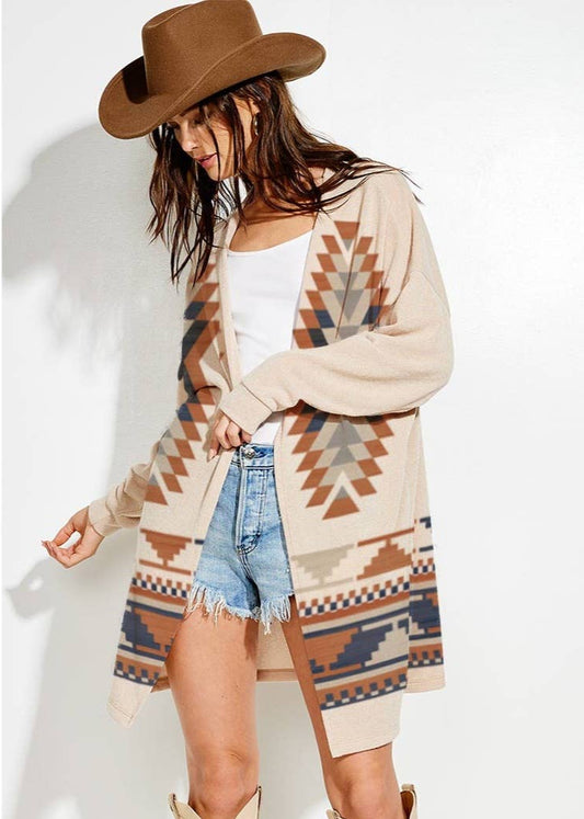 Aztec Print Loose Fit Long Sleeve Knit Cardigan