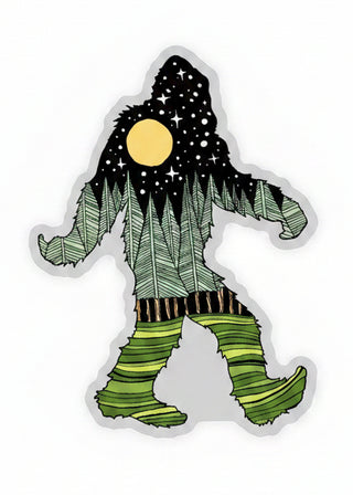 Sasquatch-like creature with forest design and moon in the background