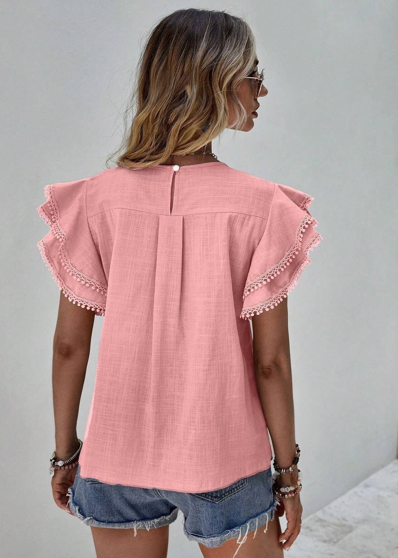 🌊 Sweet Drift: Pom-Pom Ruffle Blouse