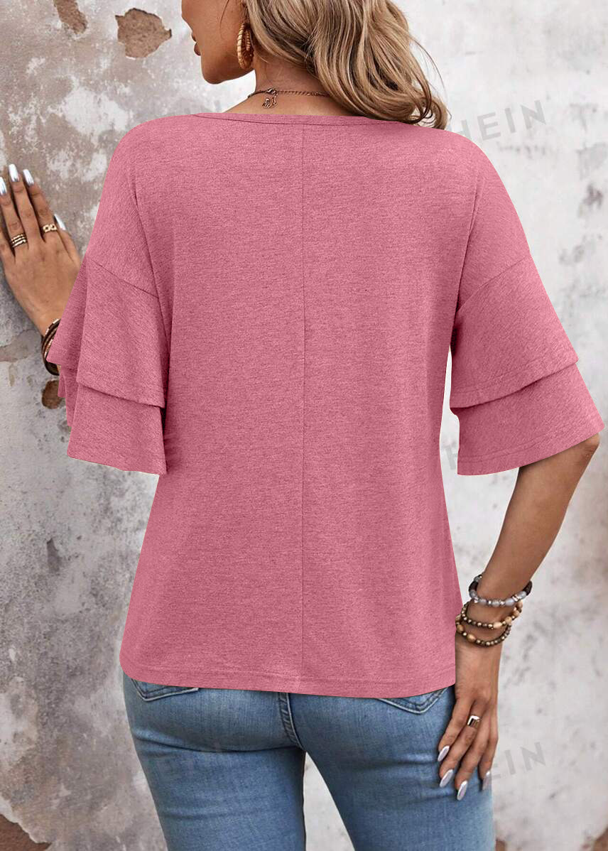 🌸 Blush Breeze: Double Ruffle V-Neck Blouse