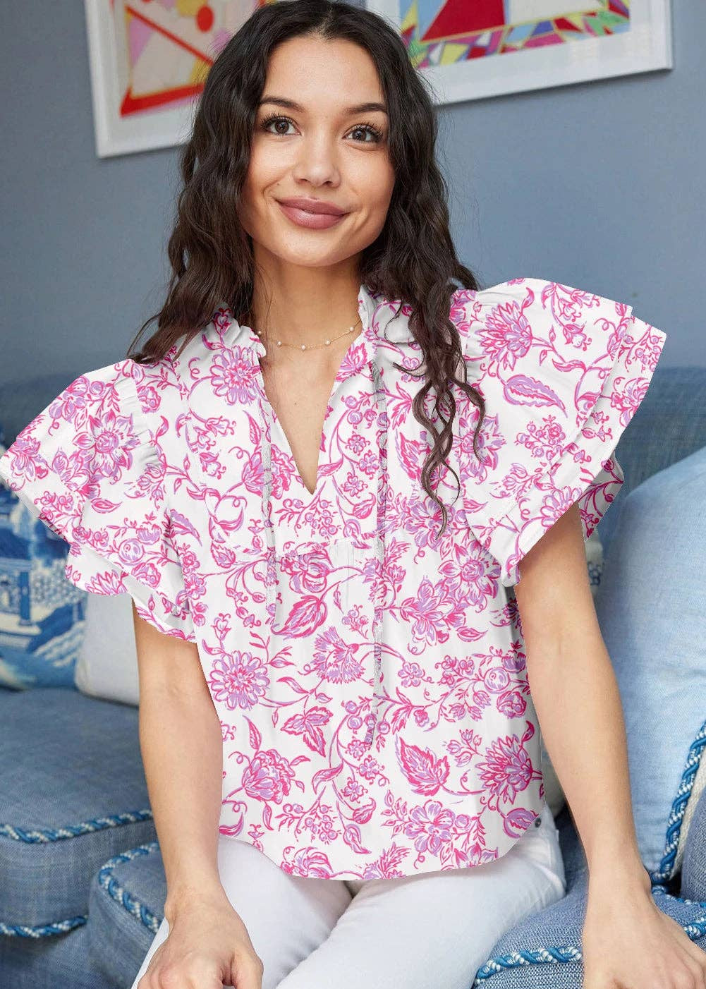 🌺 Petal Whimsy: Ruffle Tie-Neck Flutter Blouse