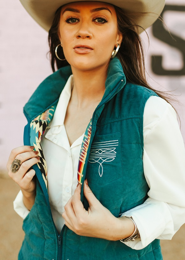 Puffer Vest with Aztec Lining and Boot Stitch Detail