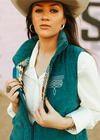 Puffer Vest with Aztec Lining and Boot Stitch Detail