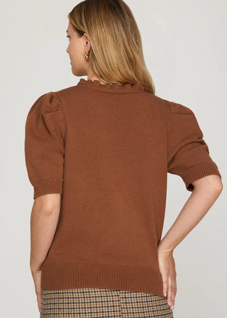 Short Sleeve Ruffled Neck Sweater Top