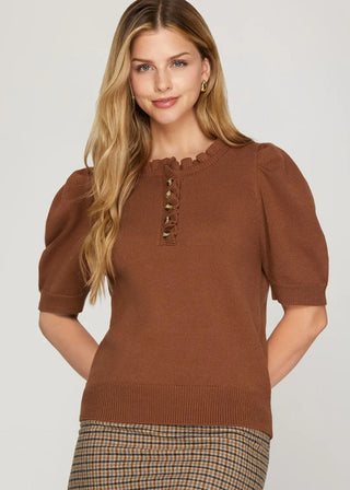 Short Sleeve Ruffled Neck Sweater Top