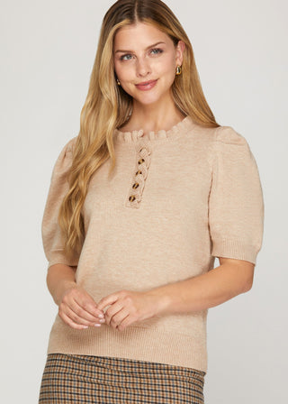 Short Sleeve Ruffled Neck Sweater Top