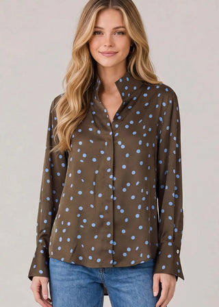 Long Sleeve Stand Collar Polka Dot Blouse