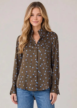 Long Sleeve Stand Collar Polka Dot Blouse
