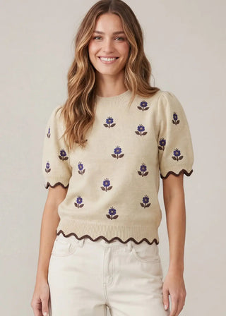 🌸 Half Sleeve Flower Embroidery & Scalloped Edge Sweater Top