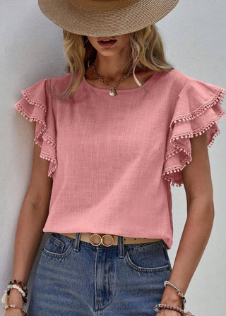 🌊 Sweet Drift: Pom-Pom Ruffle Blouse