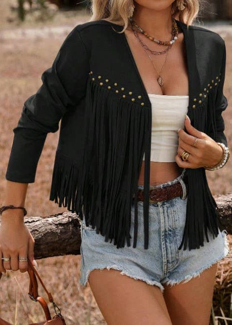 ⚡ Desert Rebel: Studded Fringe Faux Suede Jacket