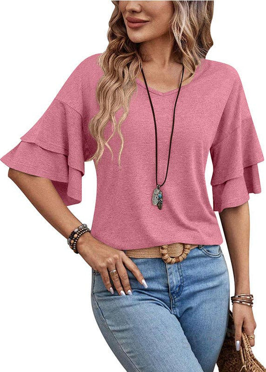 🌸 Blush Breeze: Double Ruffle V-Neck Blouse
