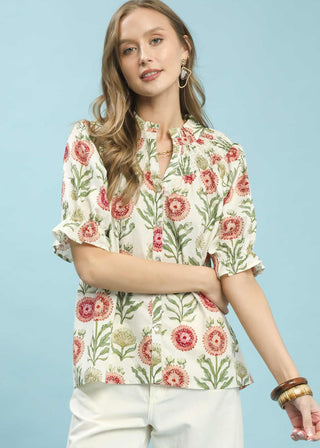 Floral Button-Front Short Sleeve Top