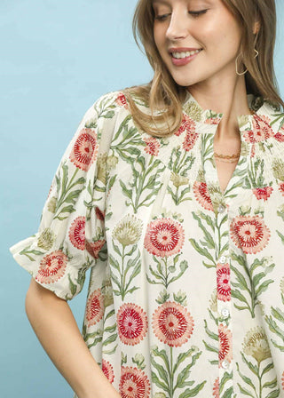 Floral Button-Front Short Sleeve Top