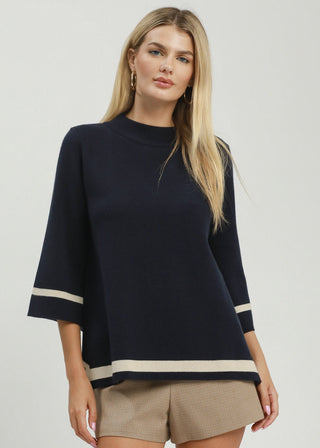 Contrast Trim Mock Neck 3/4 Sleeve Knit Top