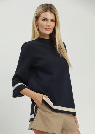 Contrast Trim Mock Neck 3/4 Sleeve Knit Top