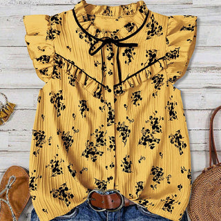 Floral Print Ruffle Trim Tie‑Neck Sleeveless Blouse