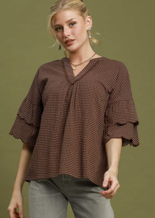 Checkered Tiered Ruffle Sleeve Blouse
