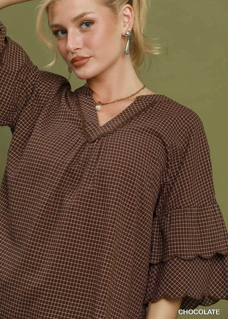 Checkered Tiered Ruffle Sleeve Blouse