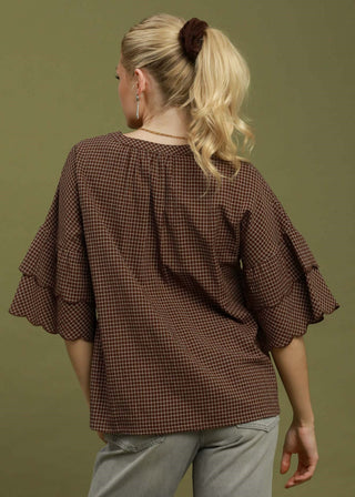 Checkered Tiered Ruffle Sleeve Blouse