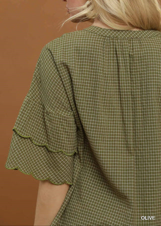 Checkered Tiered Ruffle Sleeve Blouse