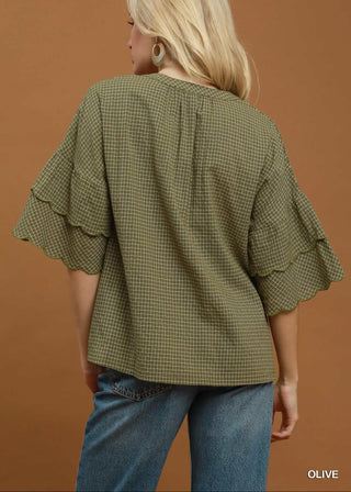 Checkered Tiered Ruffle Sleeve Blouse