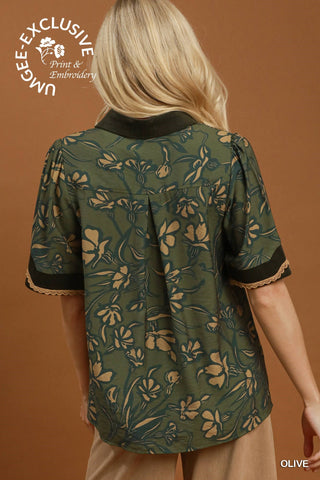 Floral Print Collared Top
