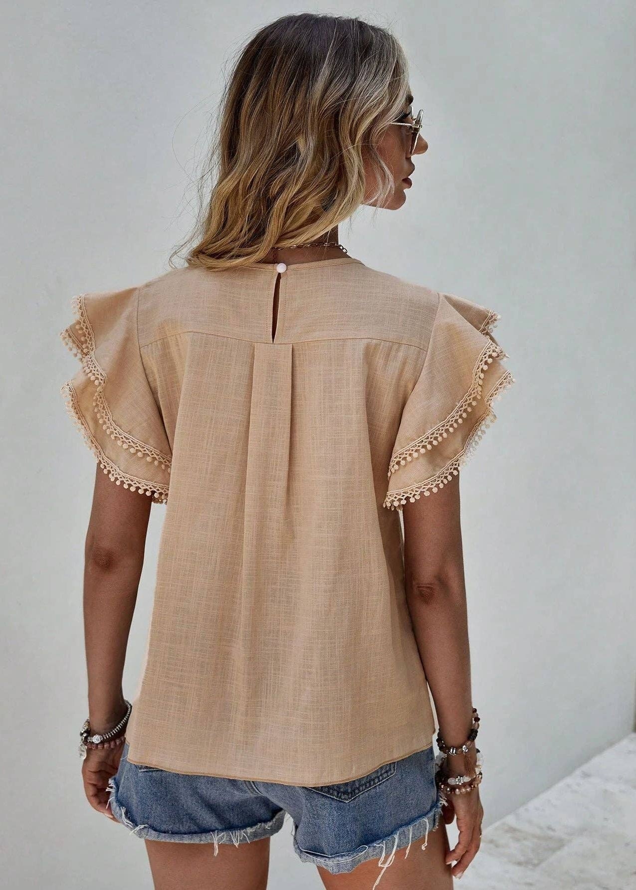 🌊 Sweet Drift: Pom-Pom Ruffle Blouse