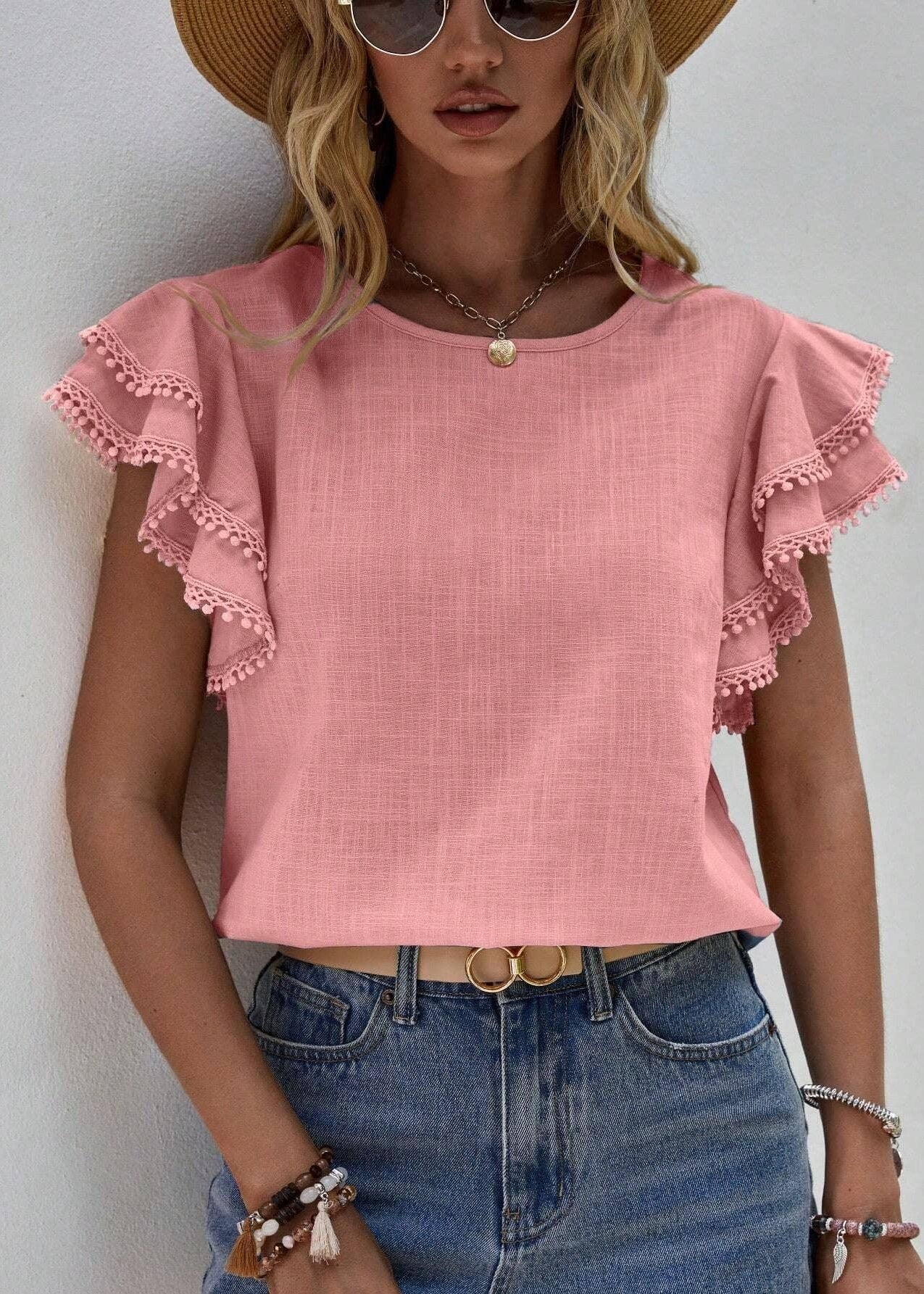 🌊 Sweet Drift: Pom-Pom Ruffle Blouse