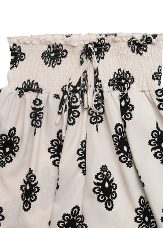 White fabric with black floral patterns