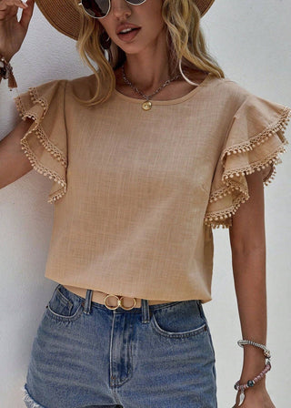🌊 Sweet Drift: Pom-Pom Ruffle Blouse