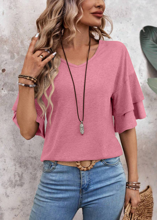 🌸 Blush Breeze: Double Ruffle V-Neck Blouse