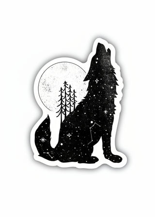Black silhouette of a wolf howling at the moon with trees and stars in the background on a white background