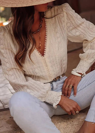 🌼 French Chill: Ecru Floral Embroidered V-Neck Blouse